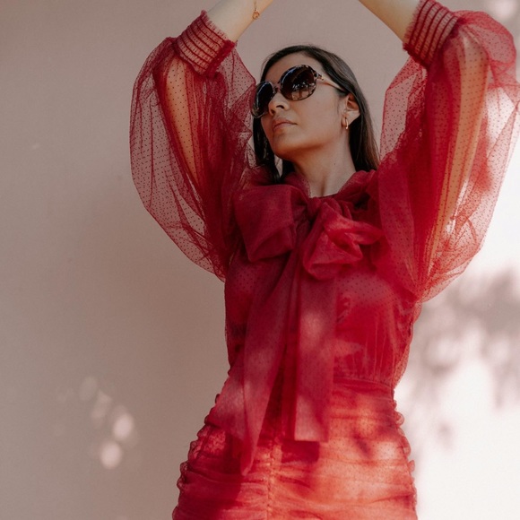 ZARA Tulle Swiss Dot Puff Sleeve Ruche Mini Dress Valentines Day Stunner 💋 - Picture 2 of 9